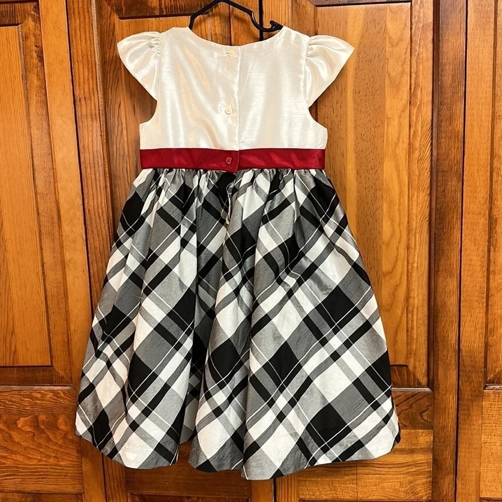 Gymboree Holiday Party Dress Plaid Red Bow Sash Creamy White Top Cap Sleeves 5T